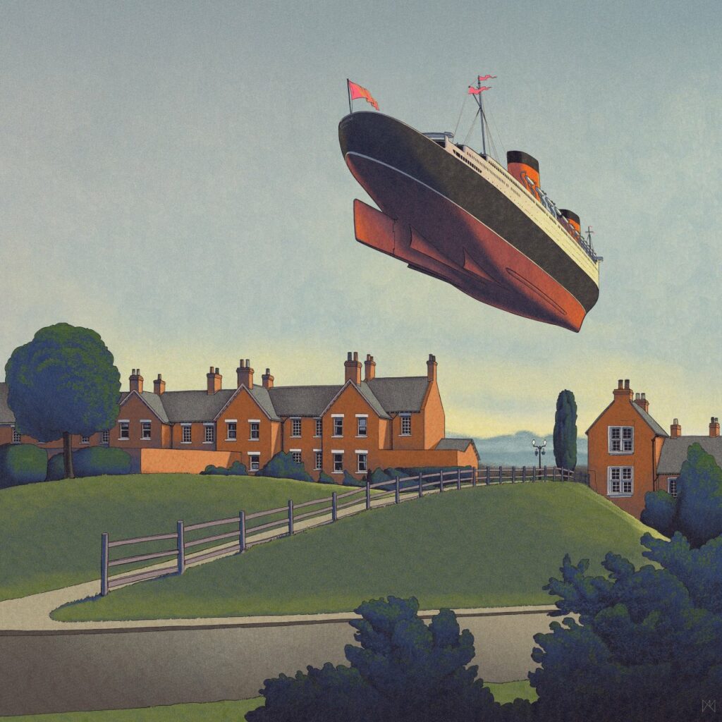 dans un ciel de campagne, un navire passe lentement au dessus des bâtiments