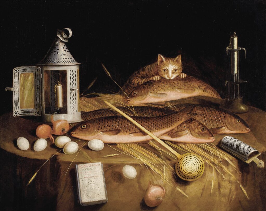 nature morte au chat voleur de poissons dans la cuisine