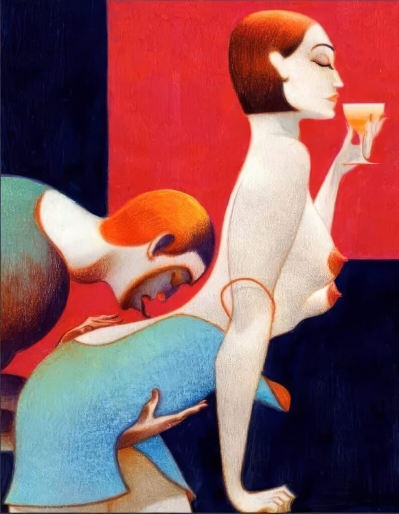 une femme cambrée en robe de soirée détachée savoure un cocktail tandis qu'un homme effleure de sa langue le bas de son dos nu
