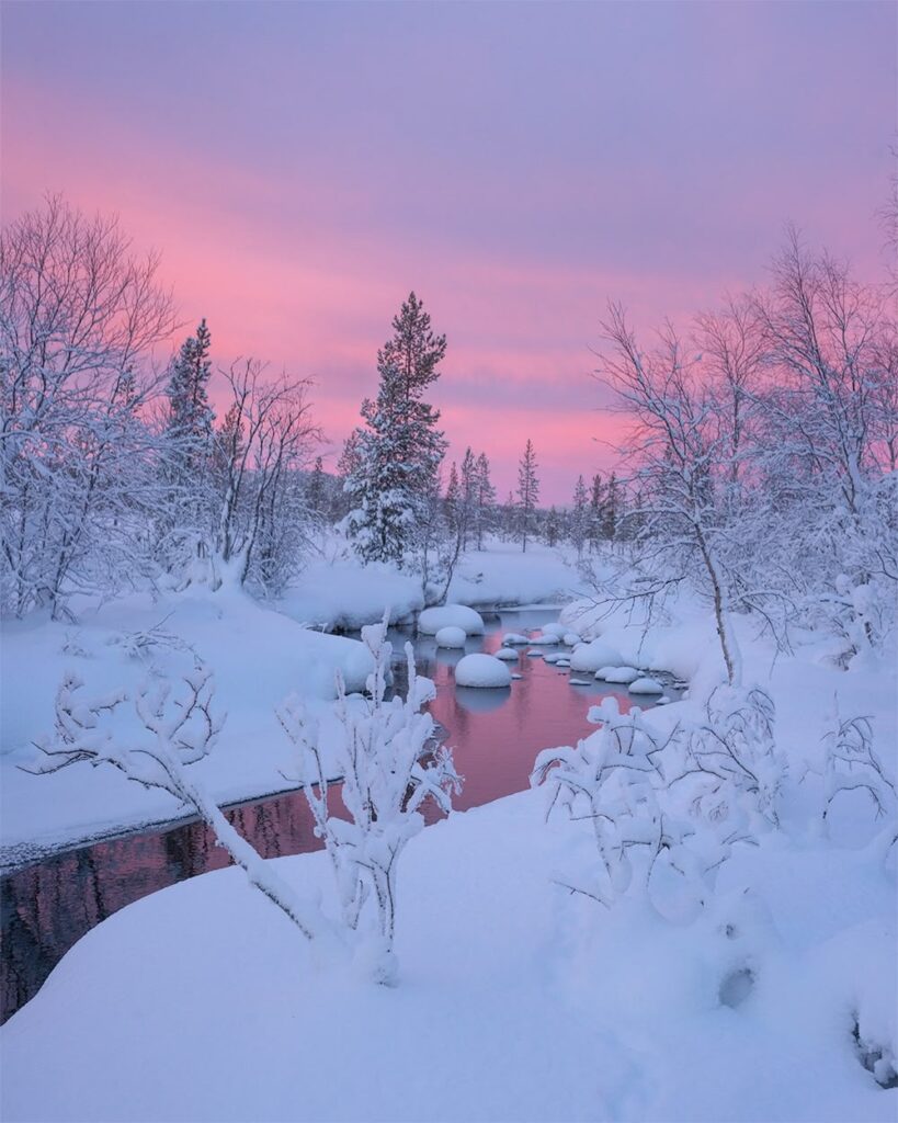 un ruisseau serpente dans la neige, reflétant les roses du ciel