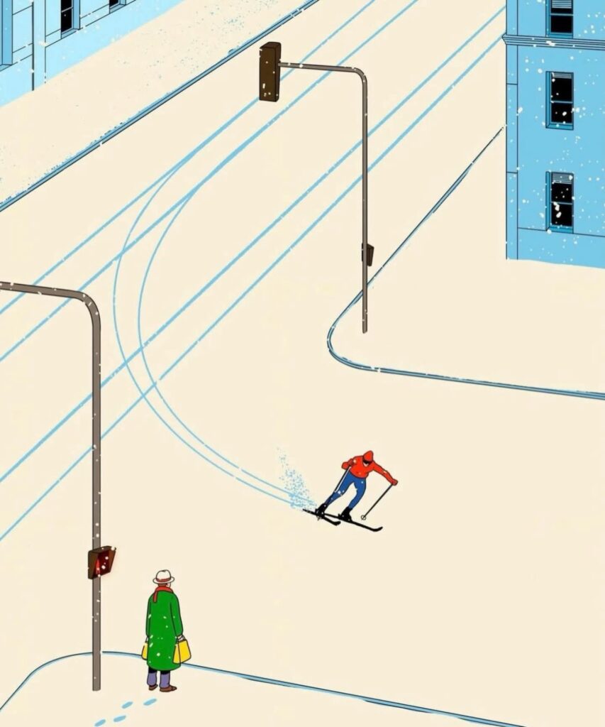 un skieur en ville négocie une trajectoire parfaite pour quitter les rails et aller accomplir son devoir électoral