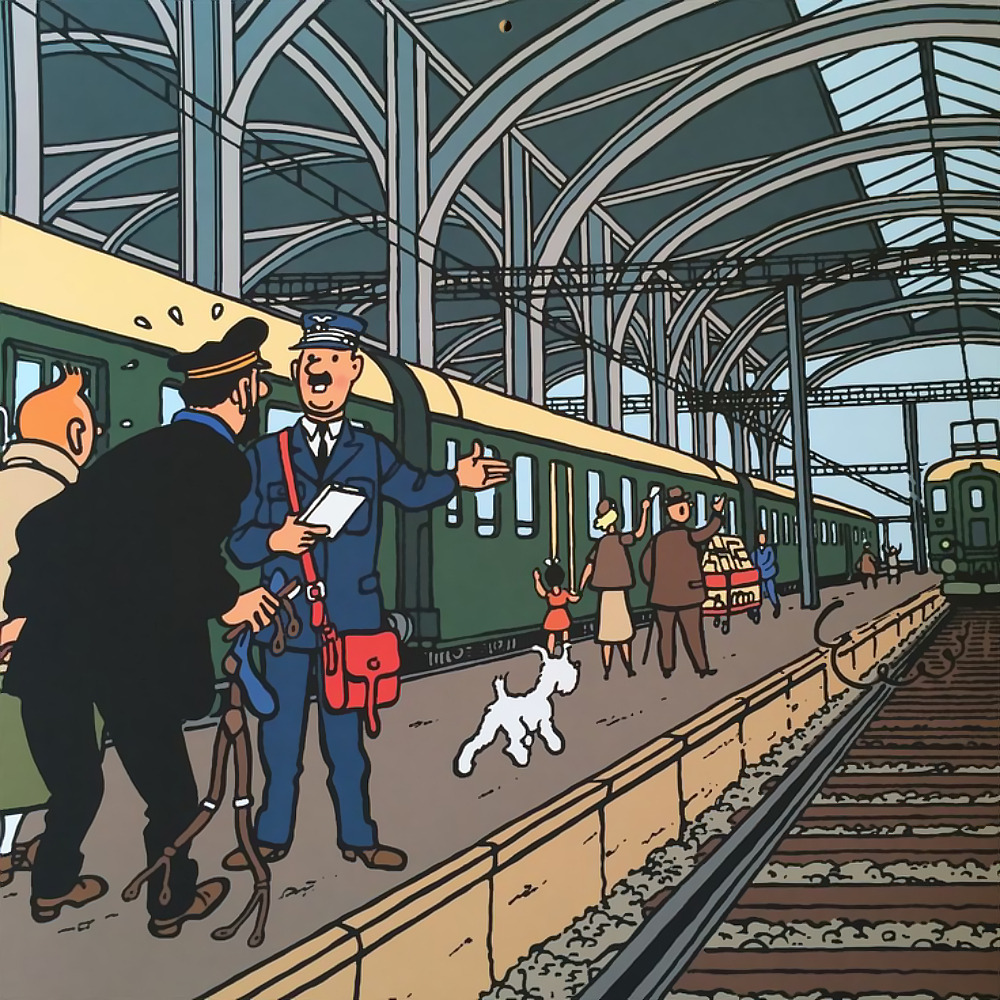 Le capitaine Haddock, Milou et Tintin sur le quai d'une gare alors que leur train s'éloigne