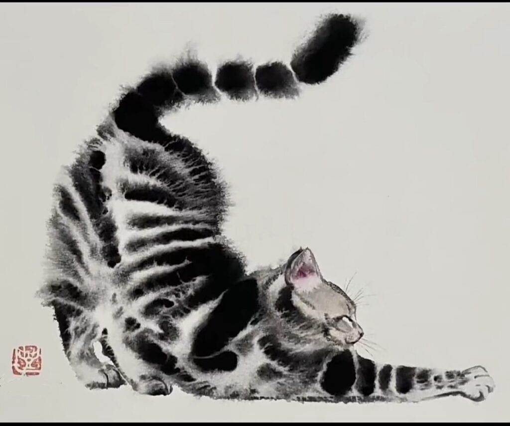 un chat effectuant aimablement pour le peintre une démonstration de la posture du chat qui s'étire