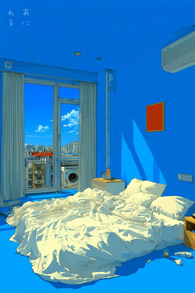 des draps blancs froissés, une chambre bleu ciel inondée de soleil, dehors, un lave-linge à hublot parmi les immeubles