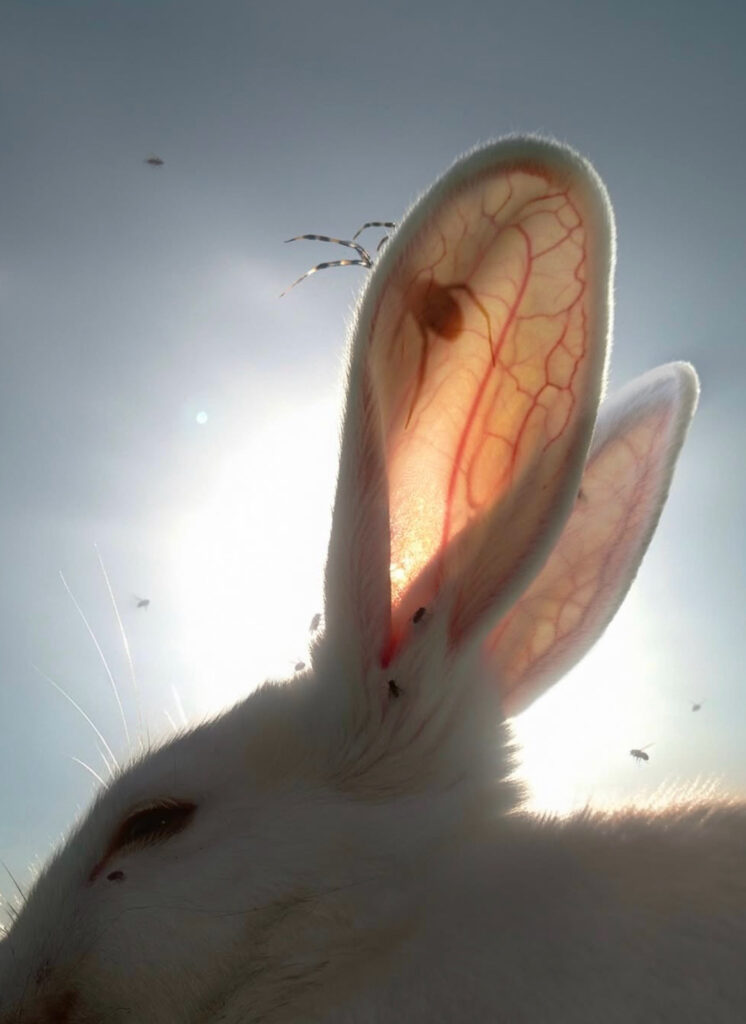 une araignée de Pâques vue en transparence sur l'oreille d'un lapin blanc dans le soleil