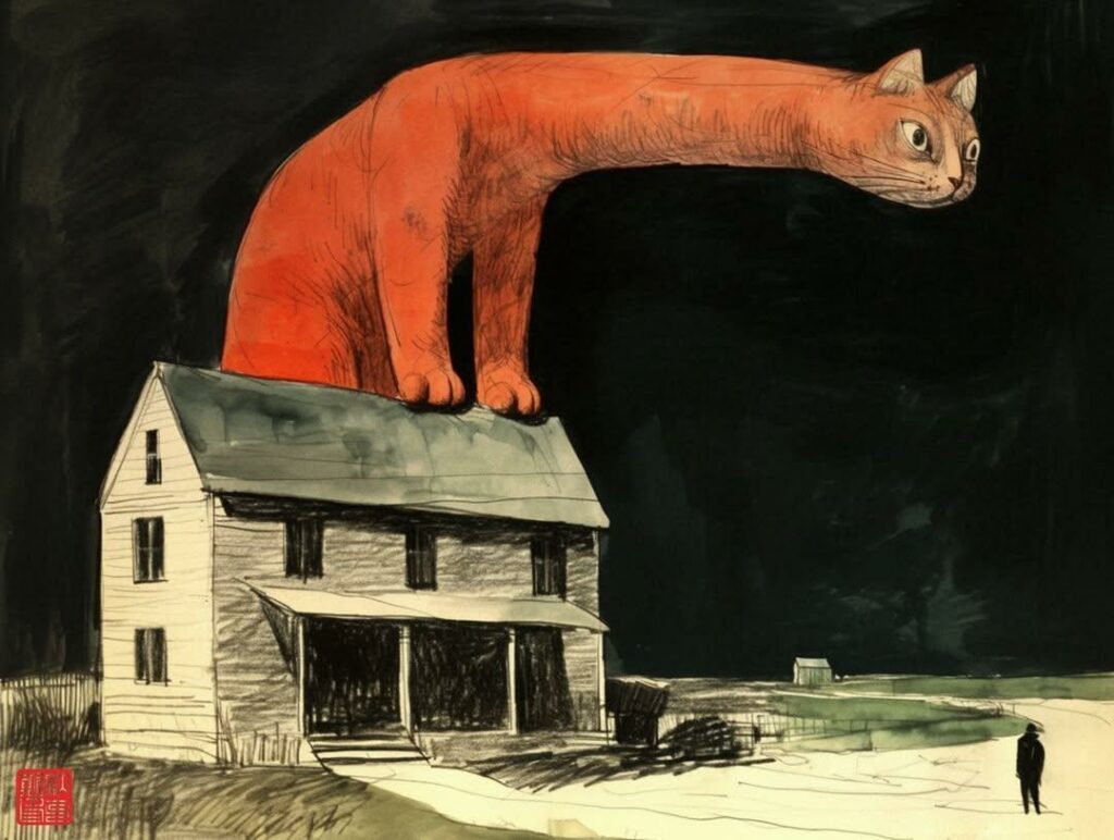 le chat rouge sur sa maison dans la nuit