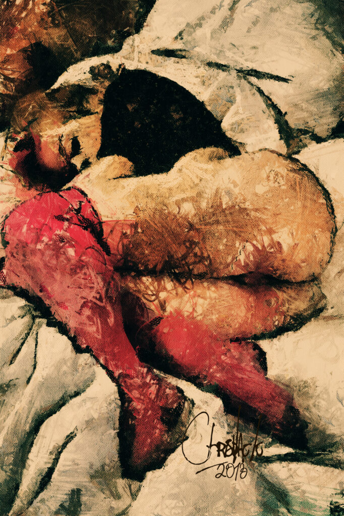 femme en bas rouge assoupie sur le lit