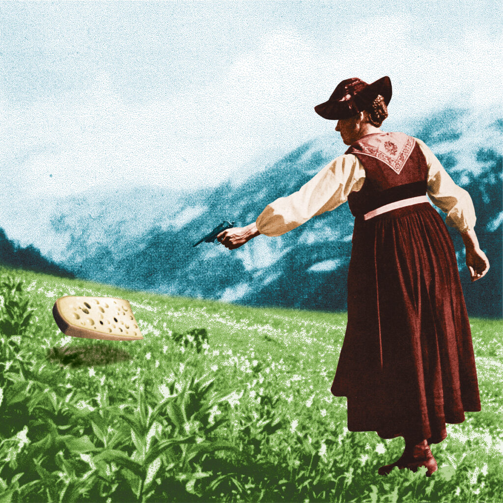 Édouarda Saroyan (Heidi) tirant dans les alpages sur une tranche de faux gruyère