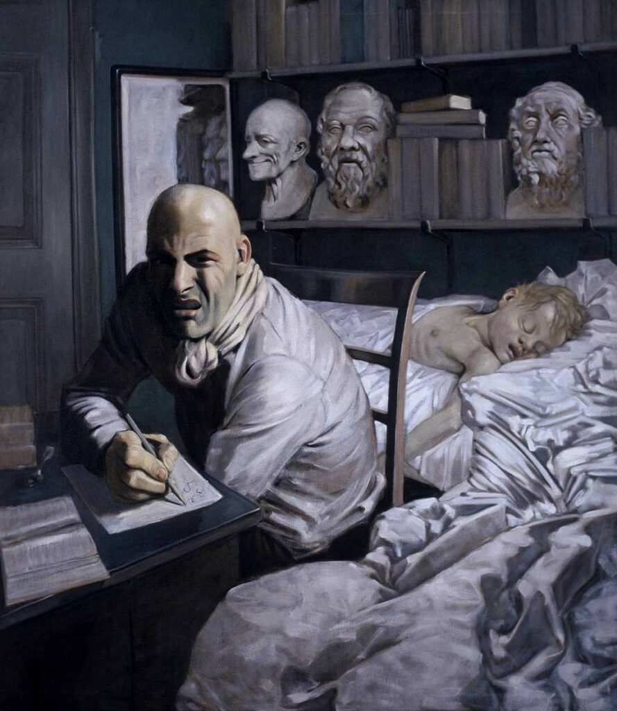 dans une chambre, un homme au visage tourmenté écrit. derrière lui, le corps d'un enfant sur le lit sous une étagère encombrée de livres et de statues de philosophes