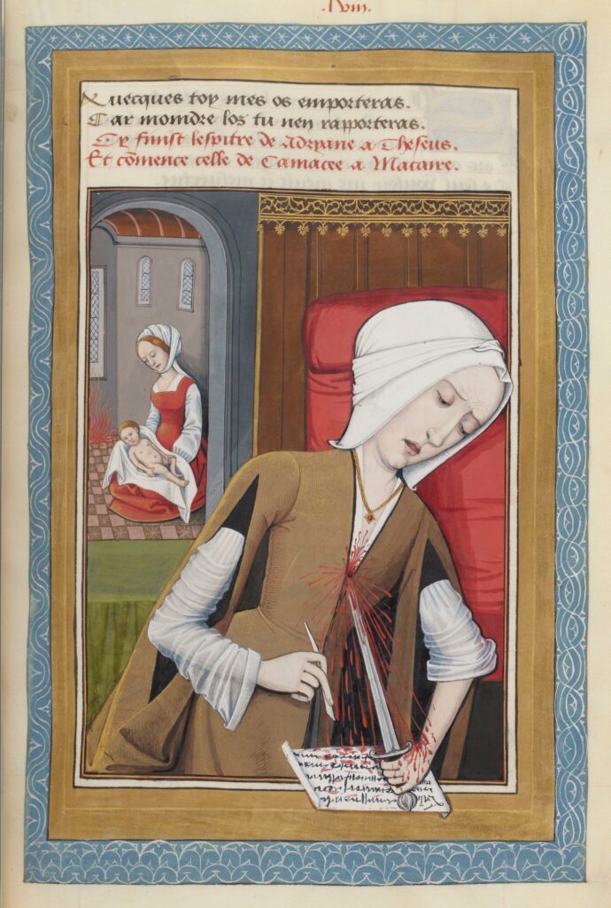 Canacé se perçant la poitrine avec l'épée envoyée par son père Eole, avec ordre de tuer son frère. Son nouveau-né  issu d'un amour incestueux avec son frère Macarée à l'arrière plan, elle écrit qu'elle ne se souillera pas par un homicide