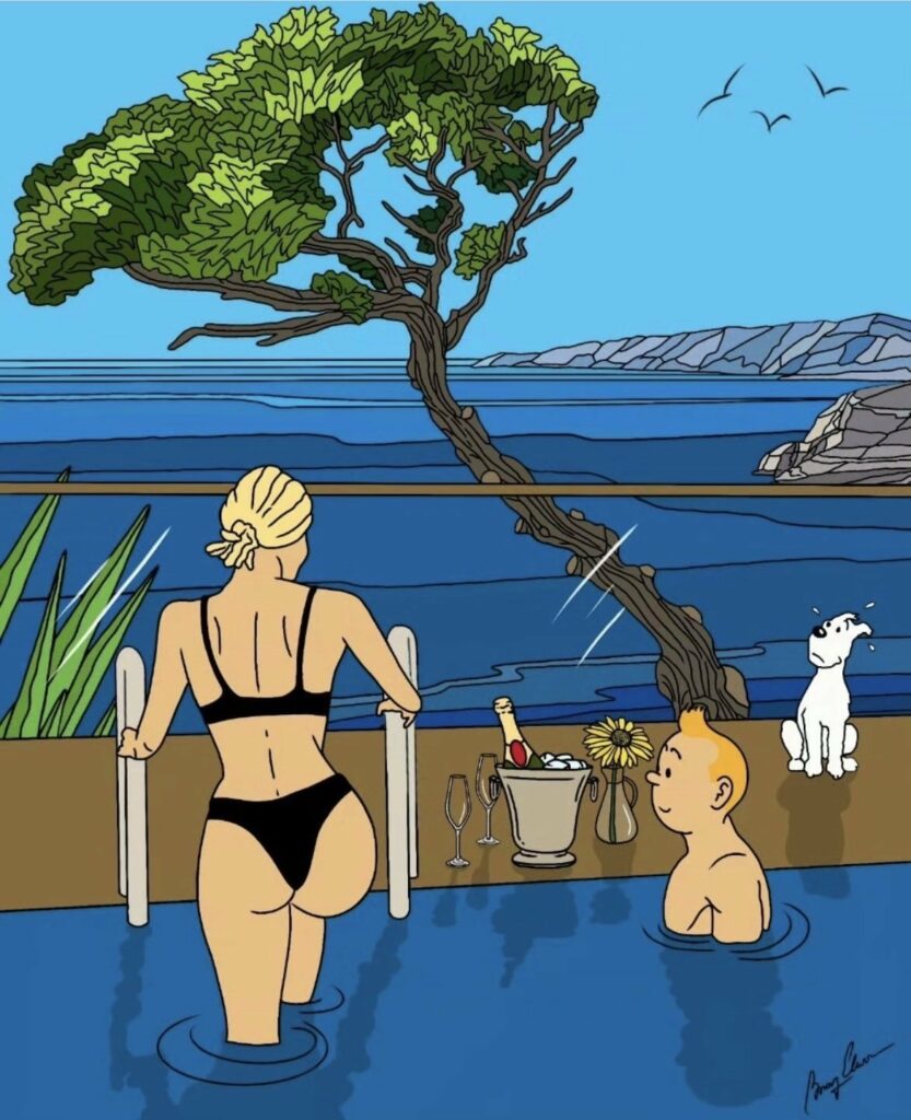 au bord de la Méditerranée, Bianca Castafiore en maillot de bain deux pièces sortant de la piscine sous le regard de Tintin et Milou 