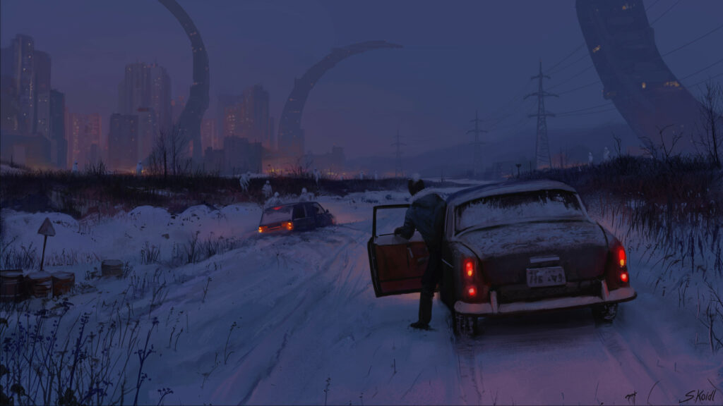 dans le petit matin, un homme observe le mouvement des bras aliens de l'ingérence étrangère sur la ville