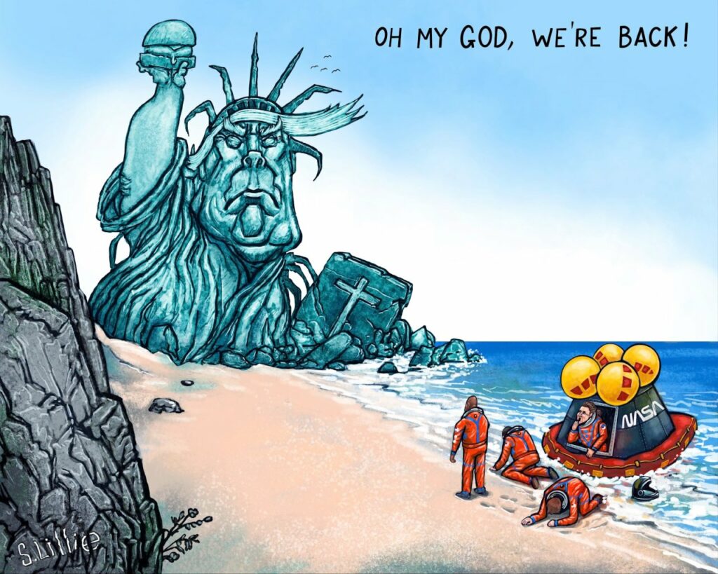 l'équipage de la mission lunaire Artémis 2 rejoint les côtes américaines après son amerrissage : sur la plage, la statue de la liberté à moitié enfouie, à l'effigie de Donald Trump 