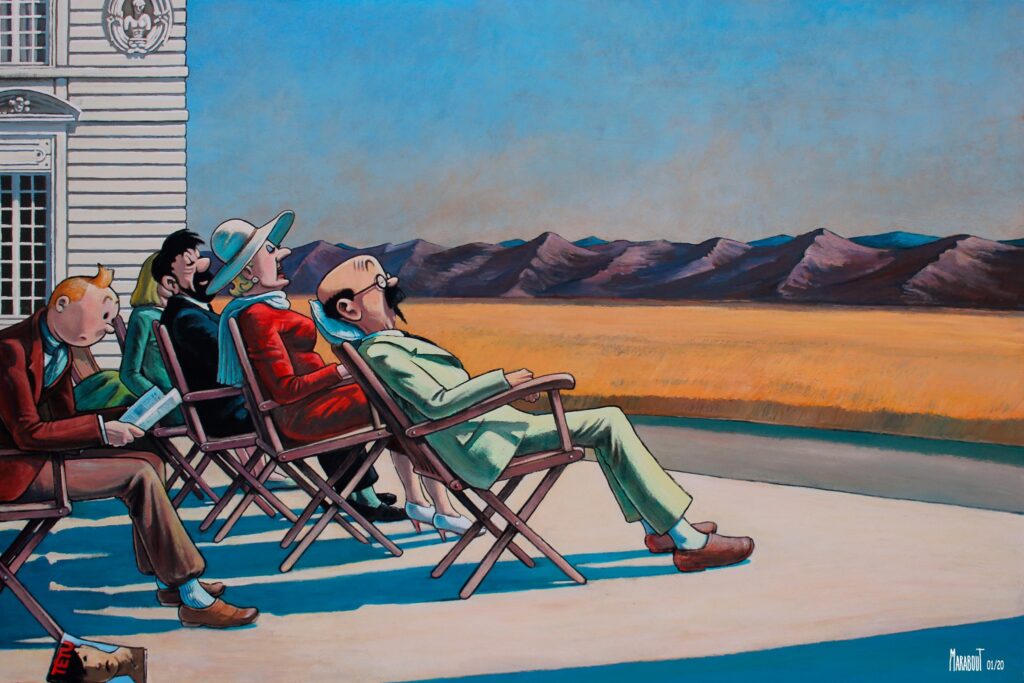 Bianca Castafiore, le capitaine Haddock, le professeur Tournesol et Tintin installés dans des transats à Moulinsart pour assister au décollage vers la lune, dans la nuit du 1er au 2 avril 2026, de la fusée Artémis II avec quatre astronautes à bord. Plus de cinquante ans après Apollo