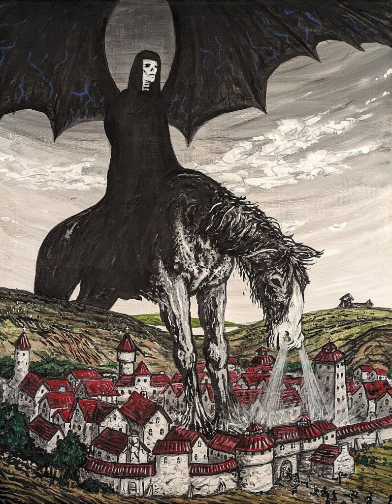 la mort en cavalier de l'apocalypse dont la gigantesque monture étique souffle par ses naseaux la maladie mortelle sur la ville fortifiée