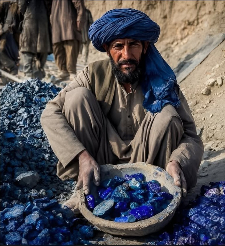 un Afghan accroupi tenant une bassine pleine d'éclats de lapis-lazuli